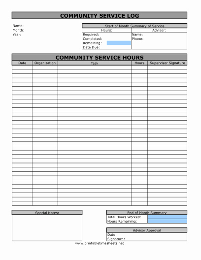 Community Service Hours form Template Best Of Munity Service Timesheet Printable Time Sheet