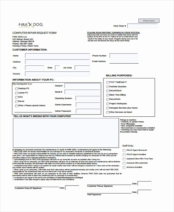 Computer Repair forms Template Awesome Free 20 Sample Work order forms In Pdf