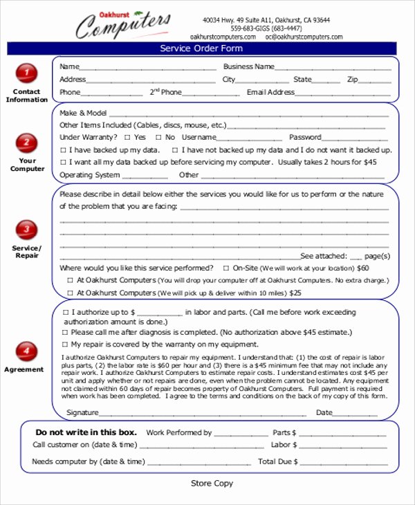 Computer Repair forms Template Beautiful Free Sample Work order form 9 Examples In Word Pdf