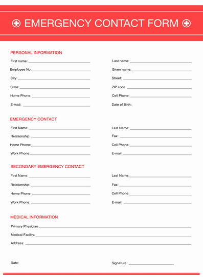 Contact form Template Word Beautiful Emergency Contact form