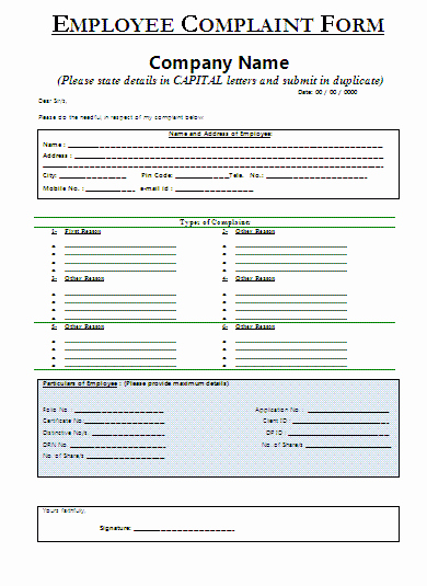 Customer Complaint form Template Beautiful Employee Plaint form
