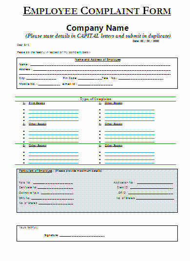 Customer Complaint form Template Beautiful Employee Plaint form