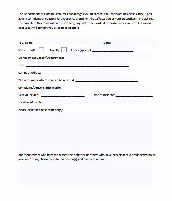 Customer Complaint form Template Elegant Sample Employee Plaint form Template 7 Download Free