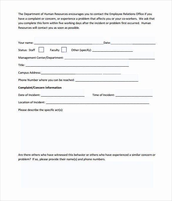 Customer Complaint form Template Elegant Sample Employee Plaint form Template 7 Download Free