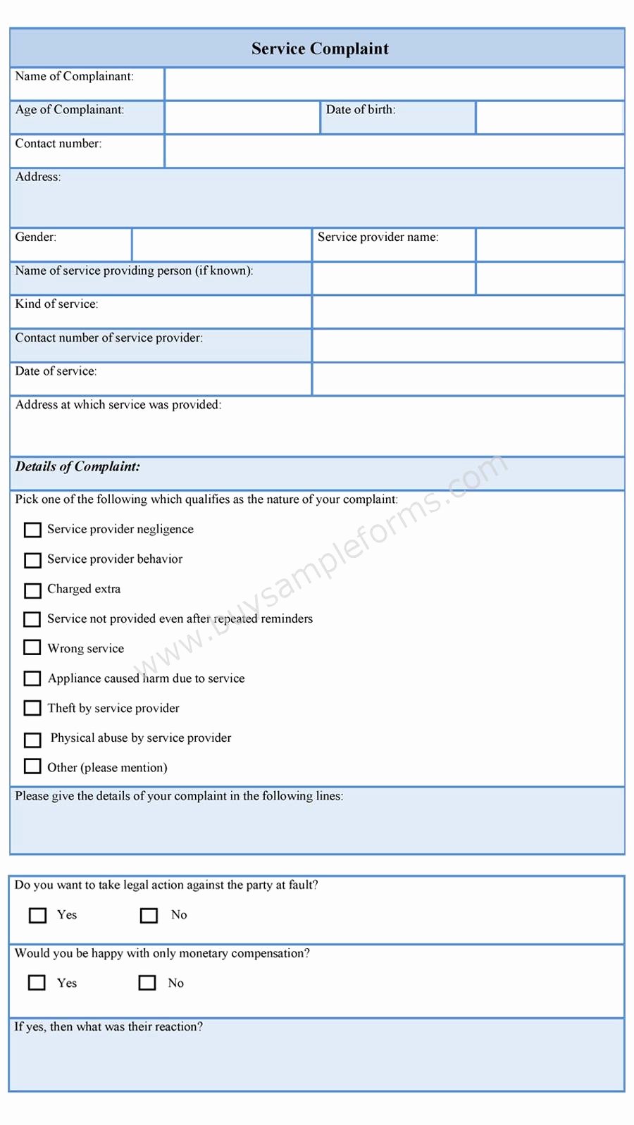 Customer Complaint form Template Lovely Service Plaint form Sample forms