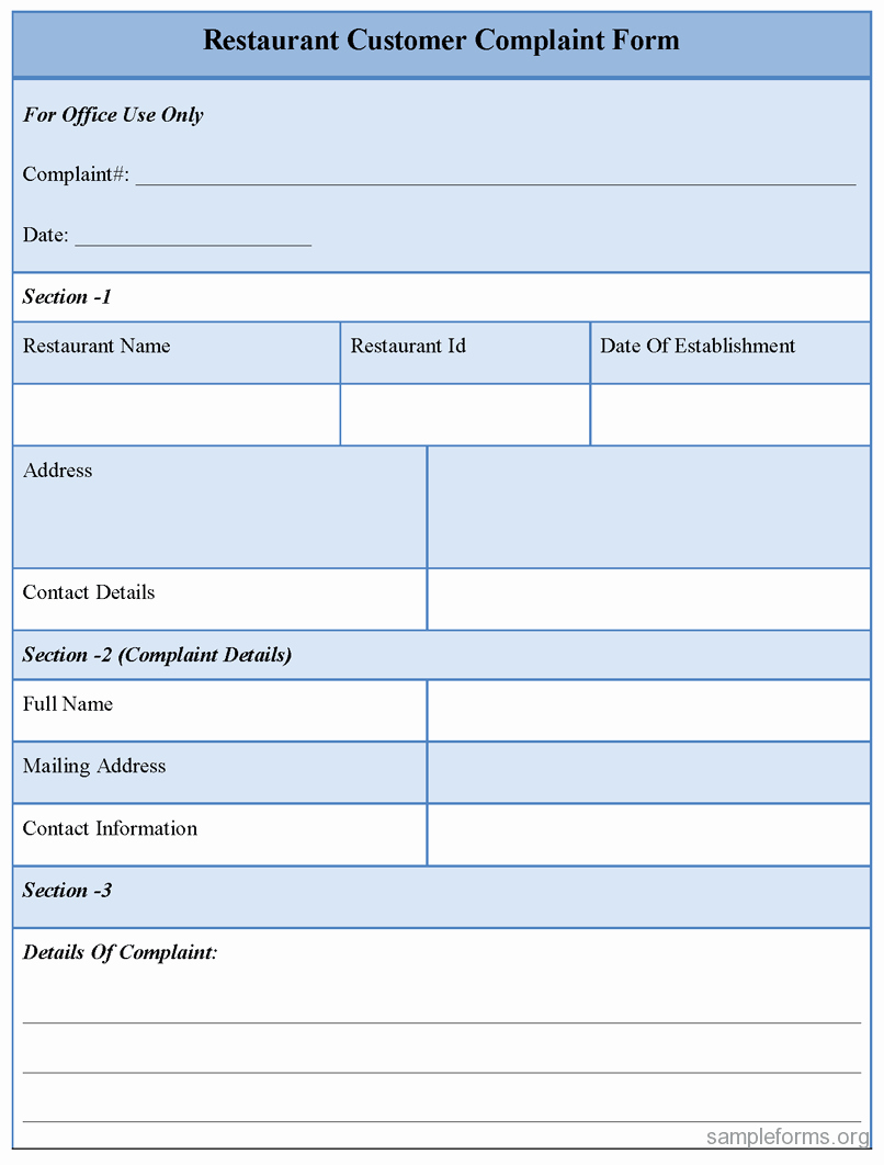 Customer Complaint form Template Unique Restaurant Customer Plaint form Sample forms
