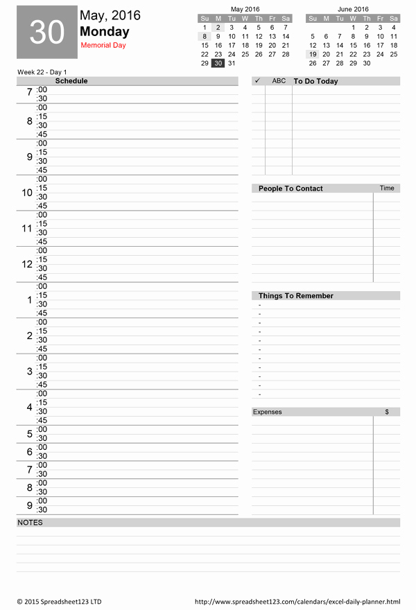 Daily Schedule Excel Template Beautiful Printable Daily Planner Template for Excel