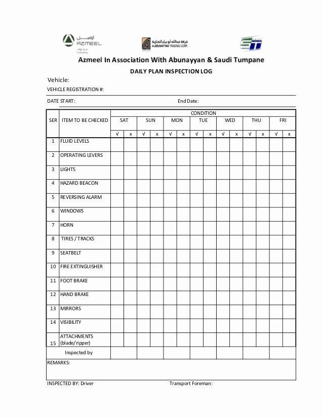 Daily Vehicle Inspection form Template Luxury 28 Of Vehicle Inspection Log Template