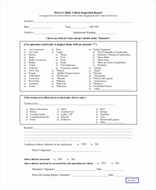 Daily Vehicle Inspection form Template New Free Printable Vehicle Inspection form Free Download