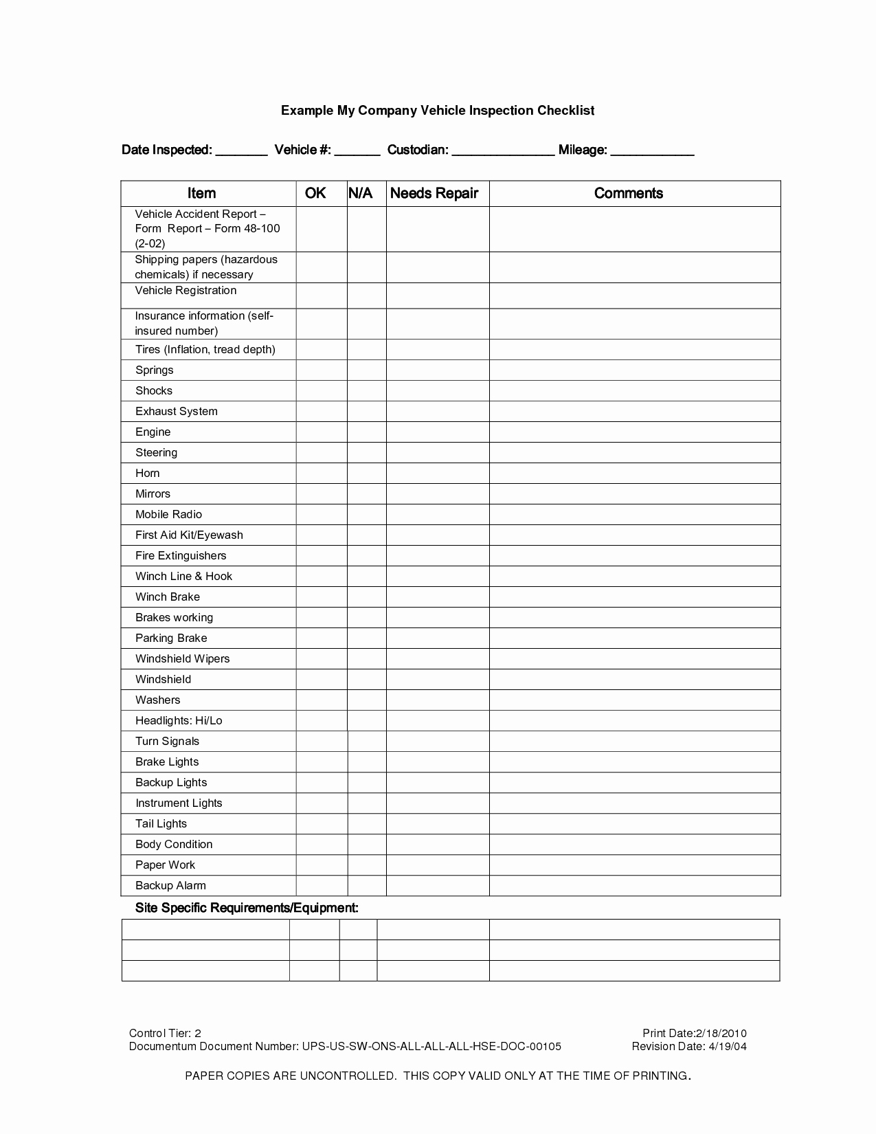 Daily Vehicle Inspection form Template Unique Vehicle Inspection Checklist Template