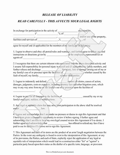 Damage Waiver form Template Lovely Release Of Liability form Liability Waiver