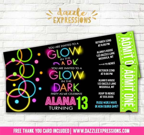 Dance Party Invitation Template Inspirational Printable Glow In the Dark Ticket Birthday Invitation