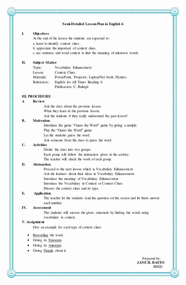 Demo Lesson Plan Template New 4a S Lesson Plan In English 6