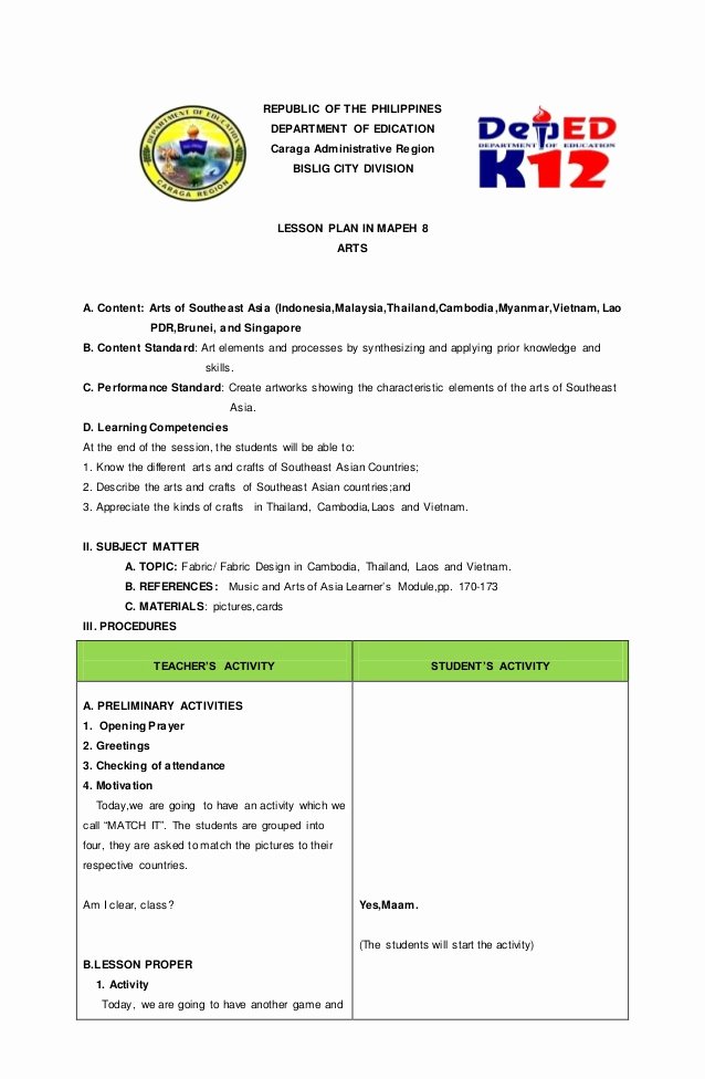 Demo Lesson Plan Template Unique Mapeh Dlp Grade 8 Arts