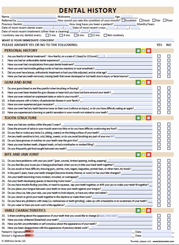 Dental Medical History form Template Elegant Dental History forms Kois Center