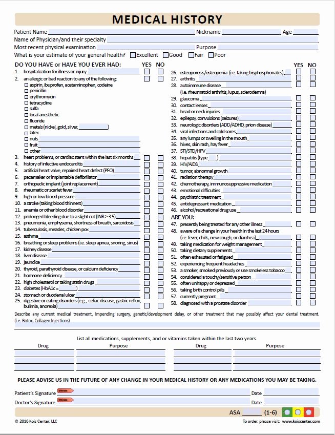 Dental Medical History form Template Elegant Medical History forms Kois Center