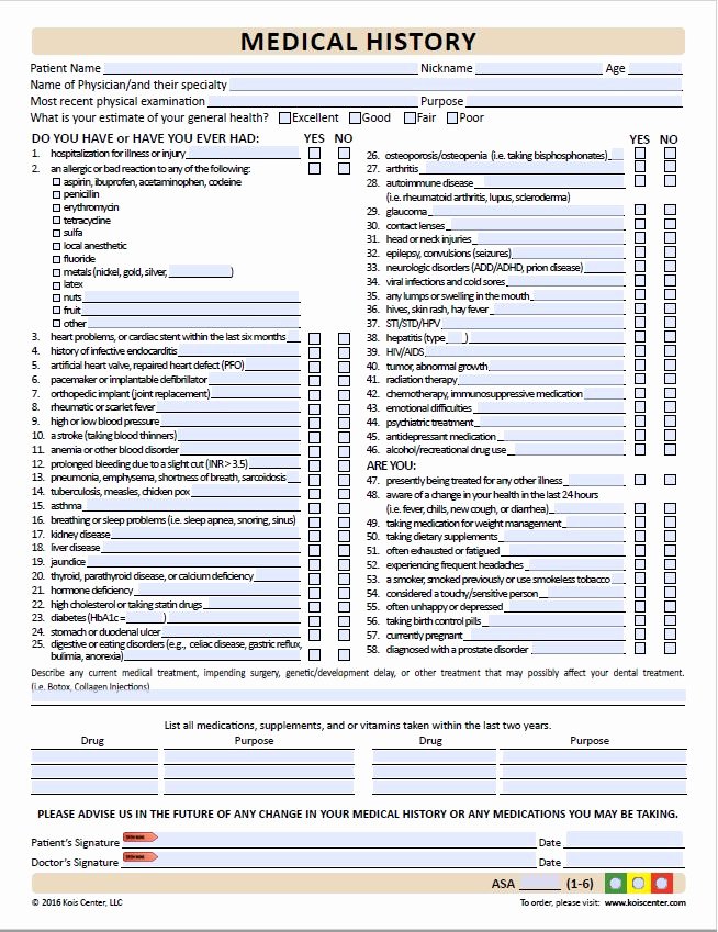 Dental Medical History form Template Elegant Medical History forms Kois Center