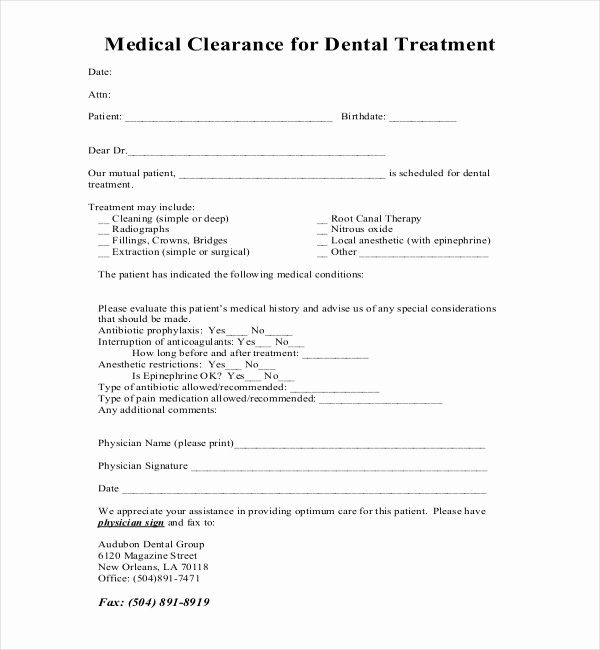 Dental Medical History form Template Fresh Medical Clearance form for Dental Treatment