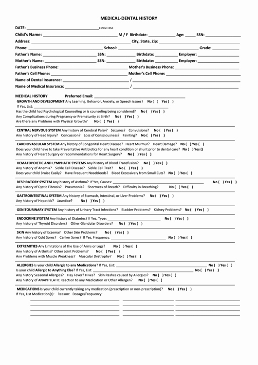 Dental Medical History form Template Inspirational Patient Medical and Dental History form Printable Pdf