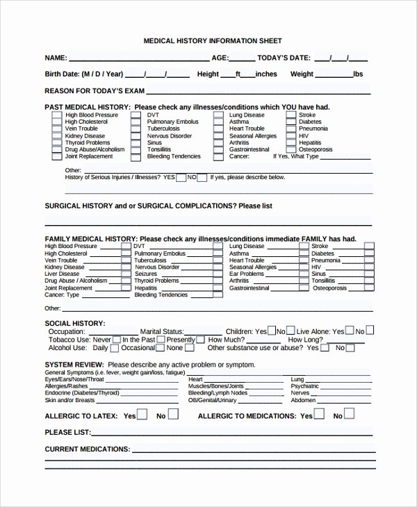 Dental Medical History form Template Inspirational Sample Medical History Template 9 Free Documents