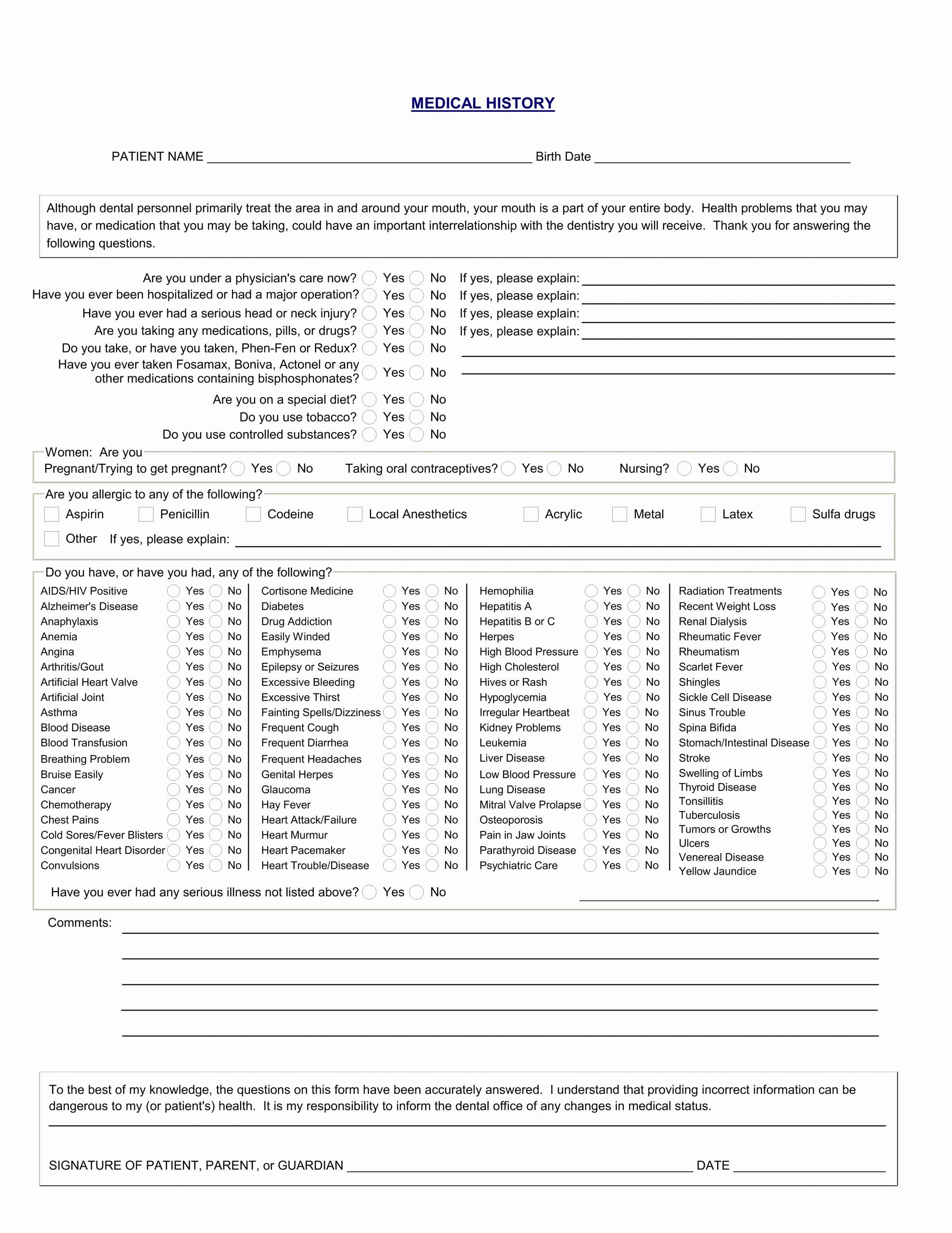 Dental Patient Registration form Template Elegant Medical History form for Dental Fice