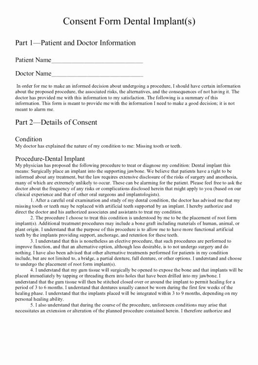 Dental Treatment Consent form Template Luxury Consent form Dental Implant S Printable Pdf