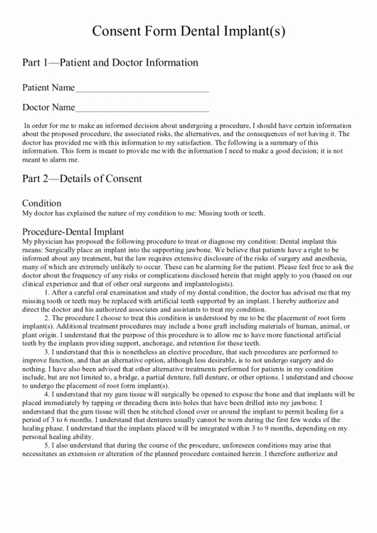 Dental Treatment Consent form Template Luxury Consent form Dental Implant S Printable Pdf