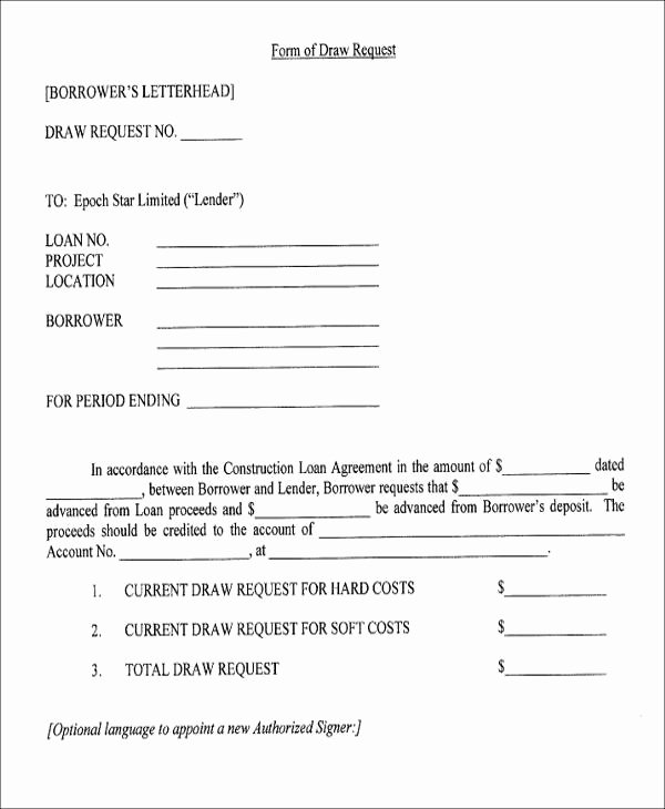 Draw Request form Template New Agreement form format