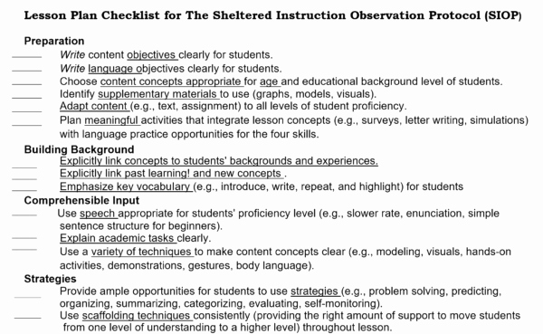 Eld Lesson Plan Template Elegant Siop 1pg Checklist Lessonpick