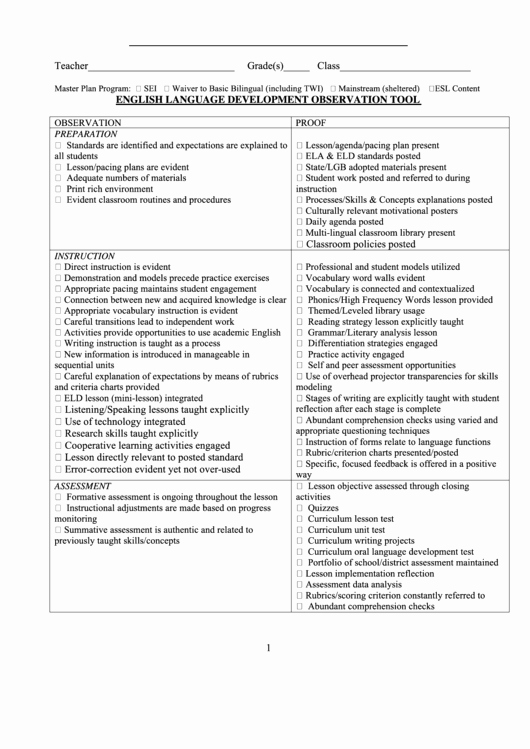 Eld Lesson Plan Template Unique Classroom Observation Checklist Printable Pdf