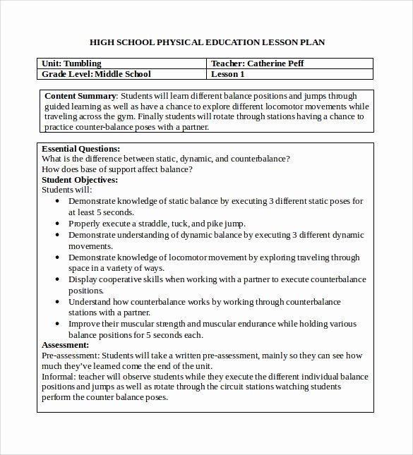 Elementary Lesson Plan Template Word Unique Sample Physical Education Lesson Plan 14 Examples In