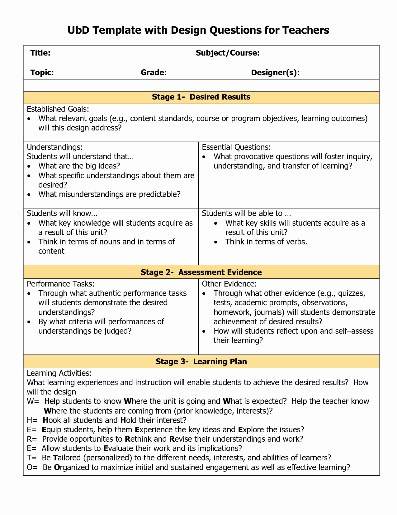 Elementary Math Lesson Plan Template Elegant Blank Ubd Planning Template Doc