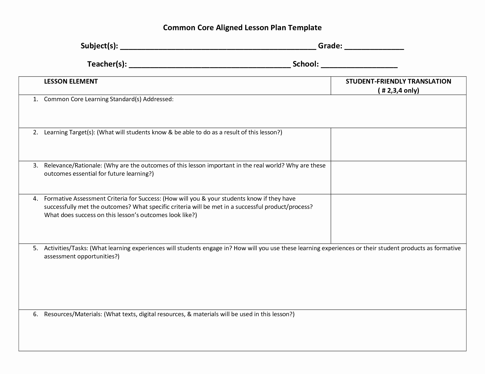 Elementary Math Lesson Plan Template Fresh Mon Core Lesson Plan Template