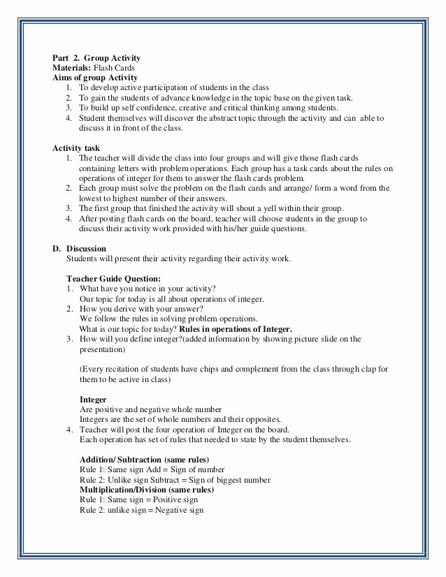 Elementary Math Lesson Plan Template Inspirational Integer Lesson Plan