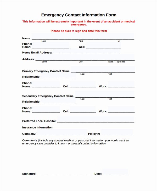 Emergency Contact form Template Word Beautiful Personal Contact Information form Employee Emergency