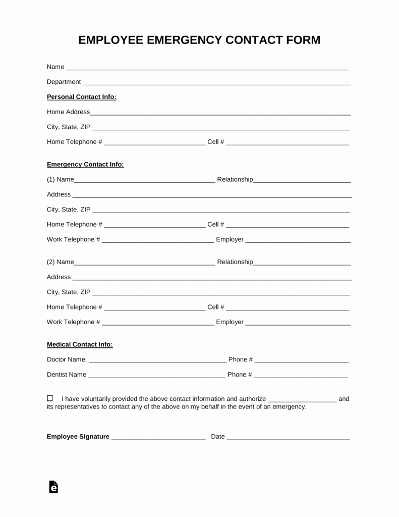 Emergency Contact form Template Word Luxury Free Employee Emergency Contact form Pdf Word