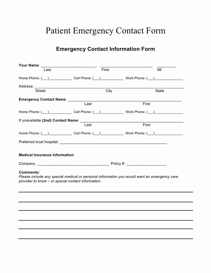 Emergency Contact form Template Word Luxury Patient Emergency Contact form In Word and Pdf formats