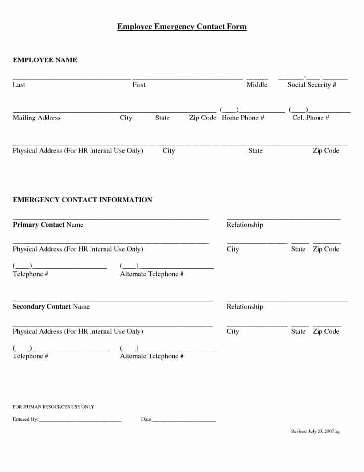 Emergency Contact form Template Word Unique Employee Emergency Contact forms Word Excel Fomats