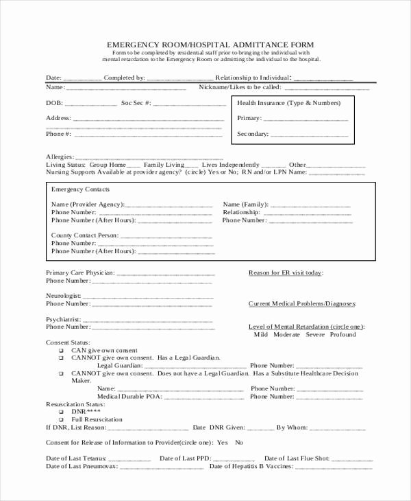 Emergency Room form Template Elegant Free 8 Sample Emergency Release forms