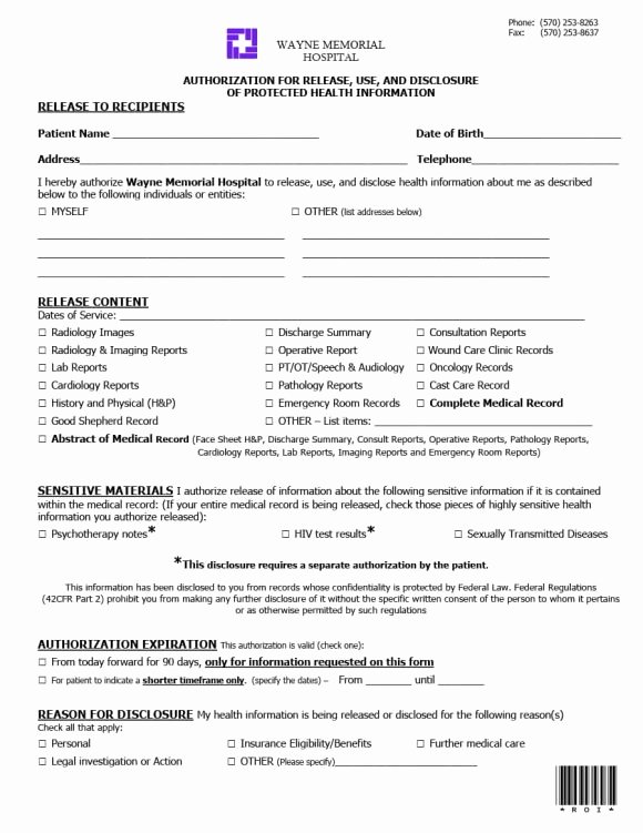 Emergency Room form Template Fresh 40 Medical Records Release form Release Of Information