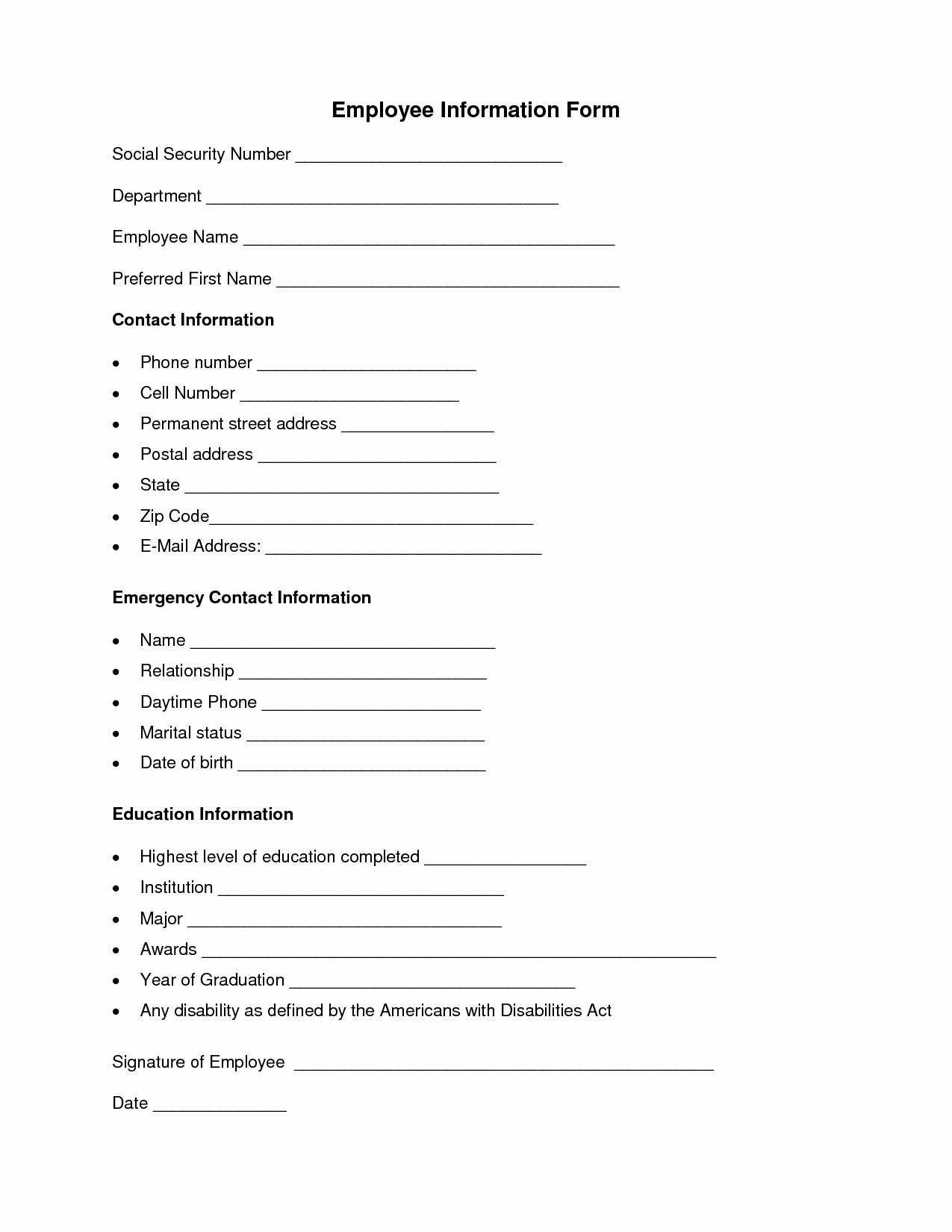 Employee Contact form Template Best Of Employee Information form … forms
