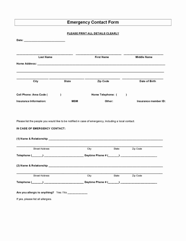 Employee Contact form Template Unique Employee Emergency Contact forms Find Word Templates