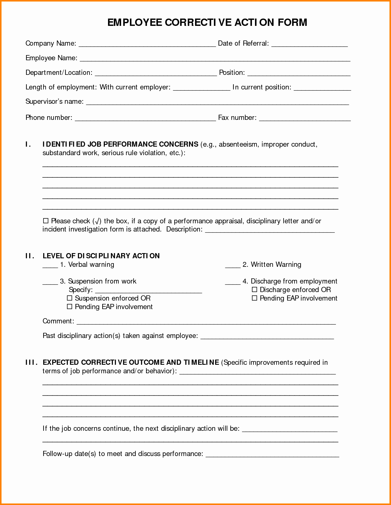Employee Corrective Action form Template Awesome Employee Corrective Action form