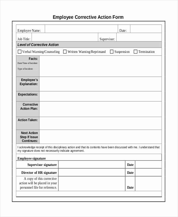 Employee Corrective Action form Template Beautiful Free 9 Sample Corrective Action forms In Pdf