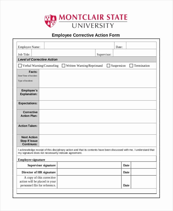 Employee Corrective Action form Template Lovely Free 8 Sample Employee Action forms In Sample Example