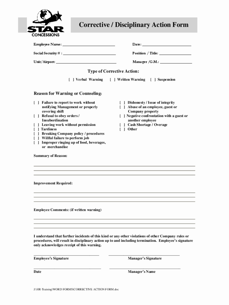 Employee Corrective Action form Template Luxury Employee Corrective Action form