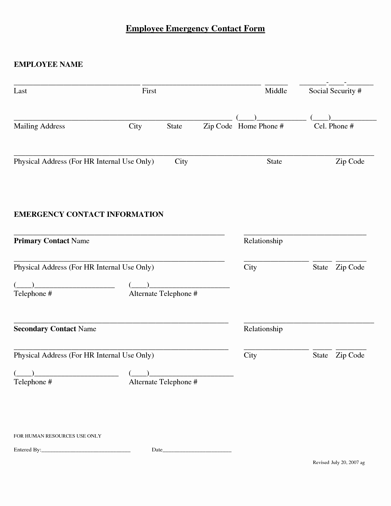 Employee Emergency Contact form Template Awesome Employee Emergency Contact Printable form to Pin