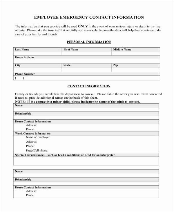 Employee Emergency Contact form Template Elegant Free 10 Sample Employee Information forms In Pdf