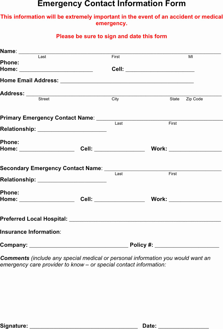 Employee Emergency Contact form Template Elegant Free Emergency Contact form Pdf 18kb