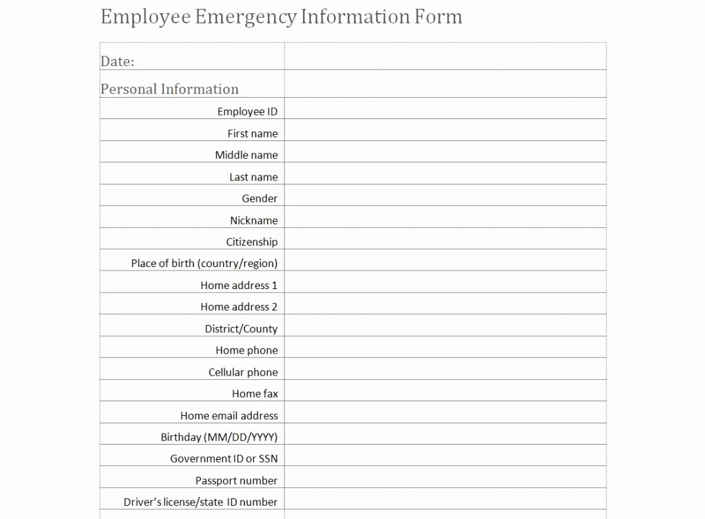 Employee Emergency Contact form Template New Employee Emergency Information form Template